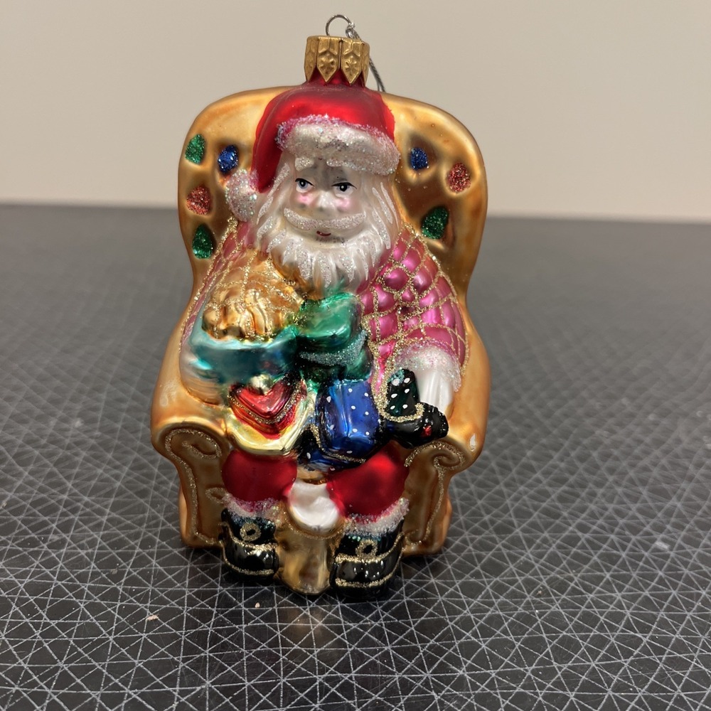 Hand Crafted Glass Ornament  Santa Claus Sitting In Chair 2002 Colorful